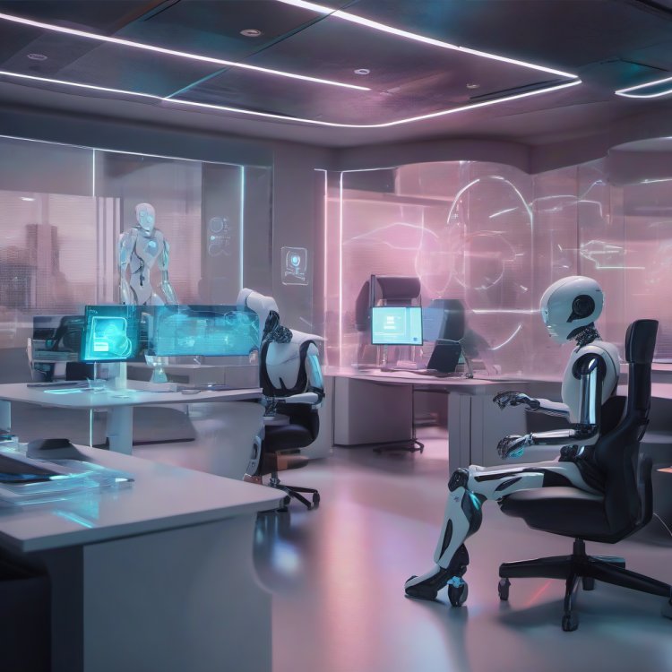 A futuristic office setting with holographic AI interfaces and robotic assistants