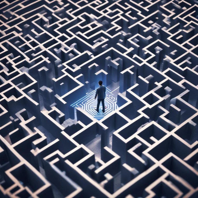 A person navigating through a maze representing AI implementation challenges