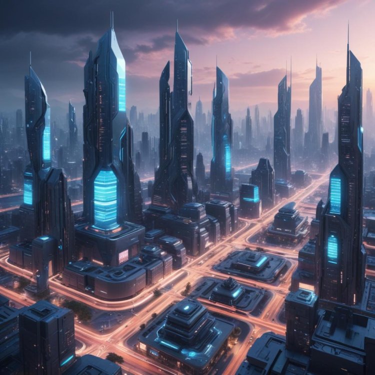 A futuristic cityscape with AI-powered devices and systems