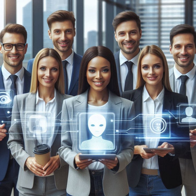 A diverse group of business professionals confidently using AI interfaces