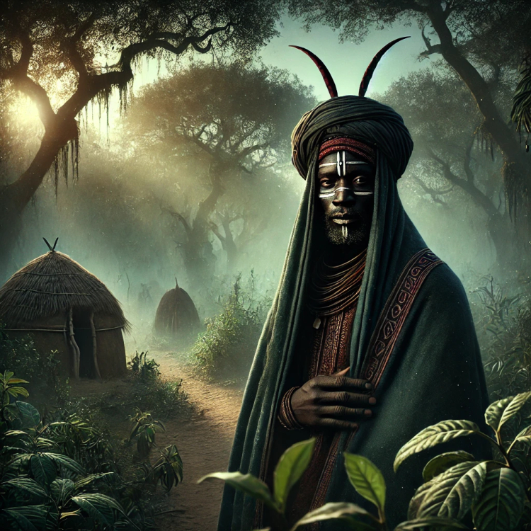 mystique of Ngabia Bate, the legendary Chadian man with horns, set in a secluded forest setting that evokes the atmosphere of Chadian folklore. Let me know if you'd like any adjustments to further align with the narrative