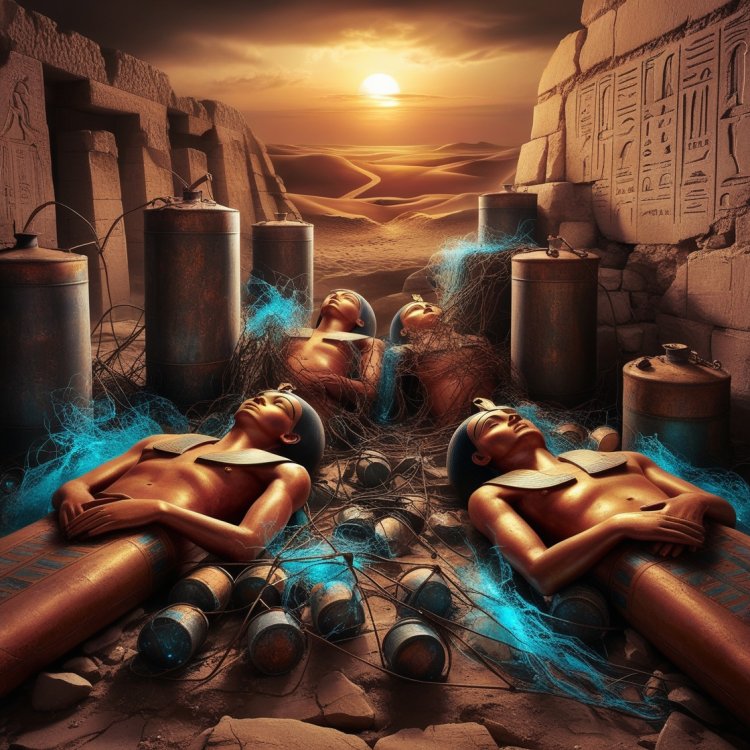 A hauntingly beautiful artistic portrait photograph of an ancient Egyptian scene, where four prophets' bodies, shrouded in mystery, lay amidst a tangled web of radioactive material in the Valley of the Kings, the air thick with an otherworldly aura, the warm golden light of the sun sinking beneath the horizon casting an eerie glow on the rusted canisters and crumbling stone walls, with ancient hieroglyphics etched onto the background, the prophets' faces serene yet haunting, their skin a warm terracotta, their eyes closed as if in eternal contemplation, the radioactive material glowing with an ethereal blue light, the atmosphere heavy with an air of foreboding and discovery, the entire scene cloaked in a sense of mystique and wonder.