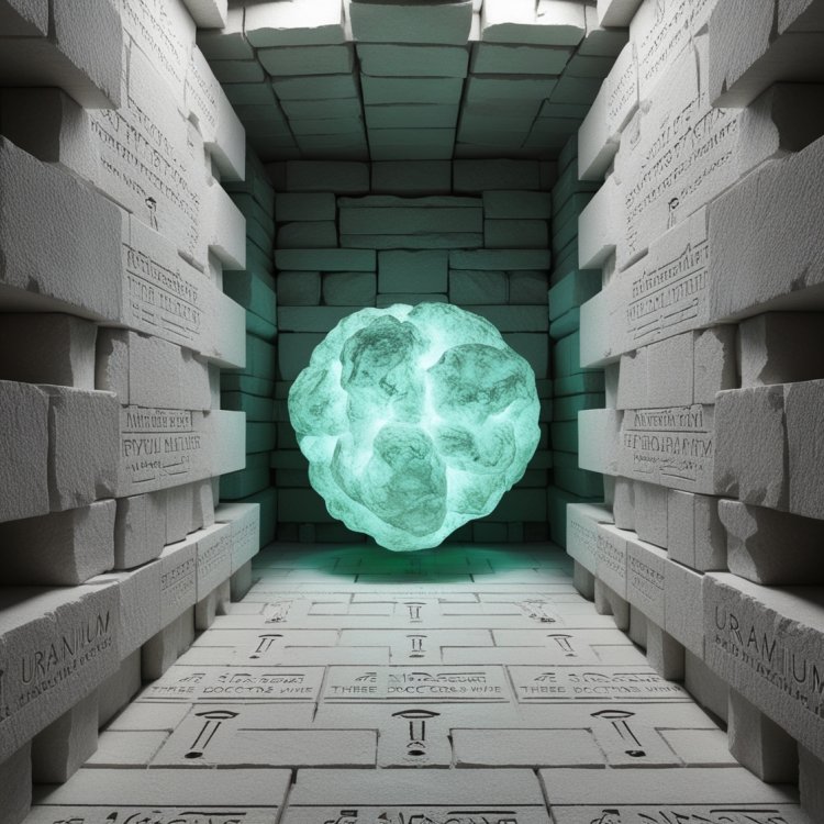 A heavily fortified room with walls constructed from thick white stone blocks. Behind the blocks lies a faintly glowing mass of uranium, exuding a dangerous yet mesmerizing light. The room is silent, save for the hum of energy emanating from the material. The floor is marked with warnings in ancient symbols, and the walls bear inscriptions of the three doctors who discovered this perilous chamber in ancient Egyptian style