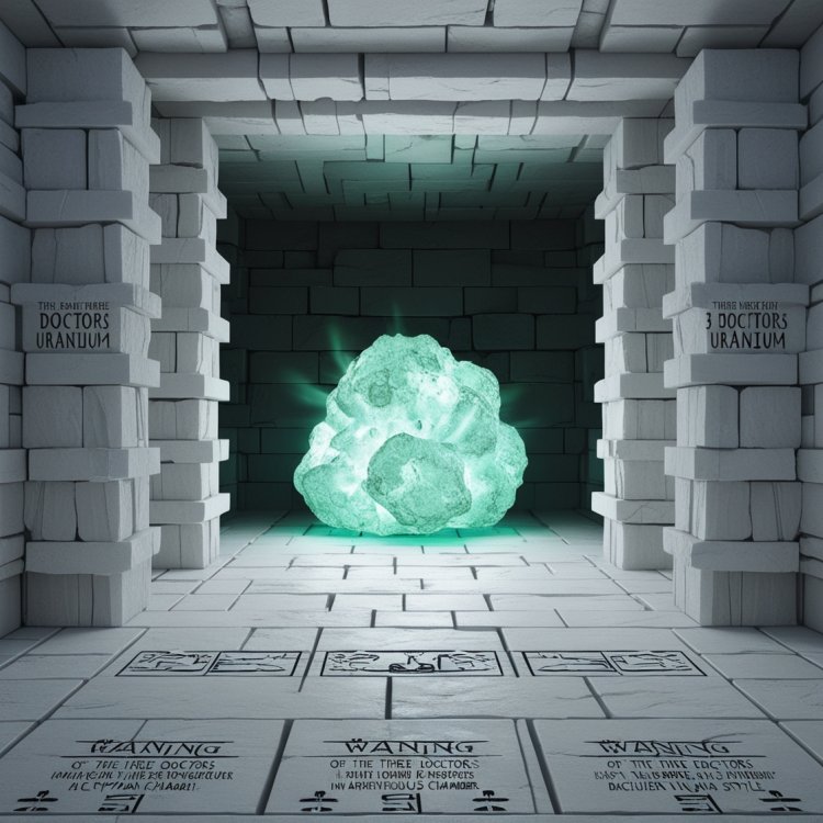 A heavily fortified room with walls constructed from thick white stone blocks. Behind the blocks lies a faintly glowing mass of uranium, exuding a dangerous yet mesmerizing light. The room is silent, save for the hum of energy emanating from the material. The floor is marked with warnings in ancient symbols, and the walls bear inscriptions of the three doctors who discovered this perilous chamber in ancient Egyptian style