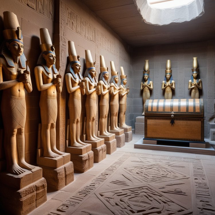 A room with walls carved from sandstone ancent egyption style , featuring a medicine chest prominently displayed on the right. The chamber contains rows of ancient golden statues, each approximately 150 cm tall, holding ceremonial utensils. The statues are arranged symmetrically along the walls, glowing faintly in the ambient light. The chamber floor is adorned with intricate geometric patterns, and a sense of ancient healing rituals lingers in the air