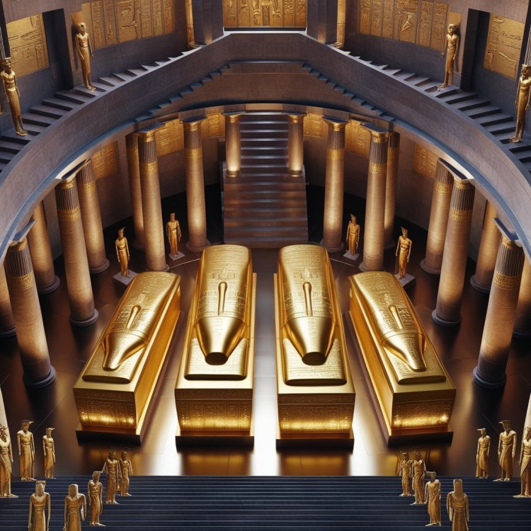 ancient Egyptian style ,A spiraling staircase made of polished stone descends into an expansive chamber. At the bottom, four colossal golden coffins stand under 15 towering columns. Each coffin is adorned with shimmering inscriptions and intricate carvings that seem to glow faintly. The chamber radiates a divine aura, with golden statues of ancient prophets surrounding the coffins, their lifelike appearances frozen in time.