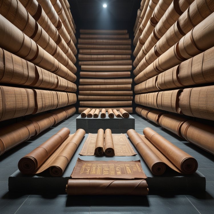 A vast library with walls entirely covered by rolls of leather-like papyrus. Each scroll is wrapped in smooth, deerskin-like material, with lengths ranging from 30 cm to 1.5 meters. The room is dimly lit, emphasizing the ancient texts scrawled in intricate, glowing scripts. A central stone table holds more scrolls, some partially unwrapped, revealing faded, otherworldly diagrams in ancient Egyptian style